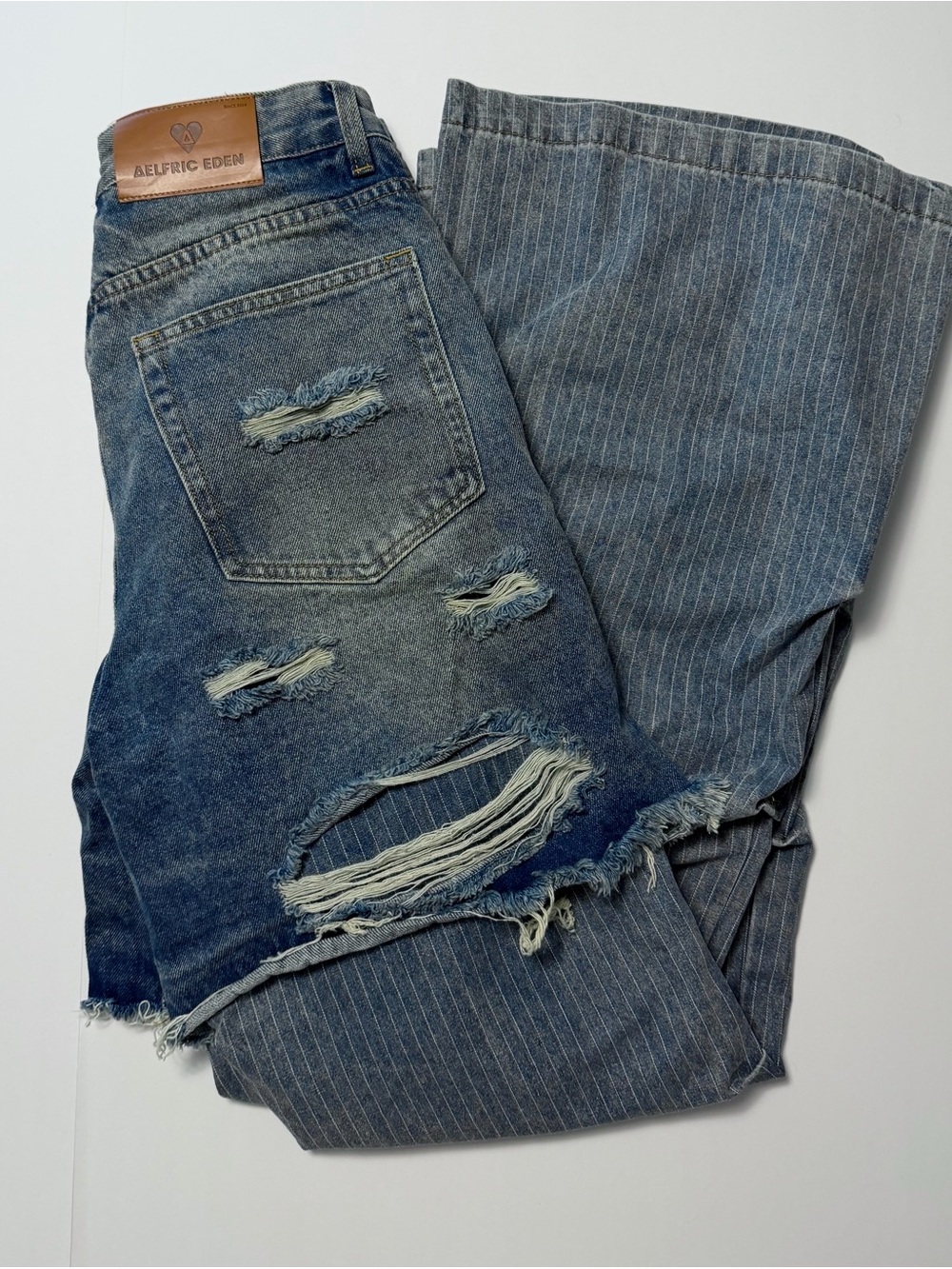 Aelfric Eden NWT size 30 distressed denim shorts over pinstripe flared pants - Picture 8 of 16